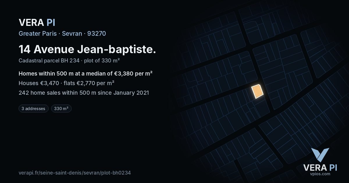 14 Avenue Jean-baptiste, Sevran at night – the plot lit, the parcels around coloured by the prices near them