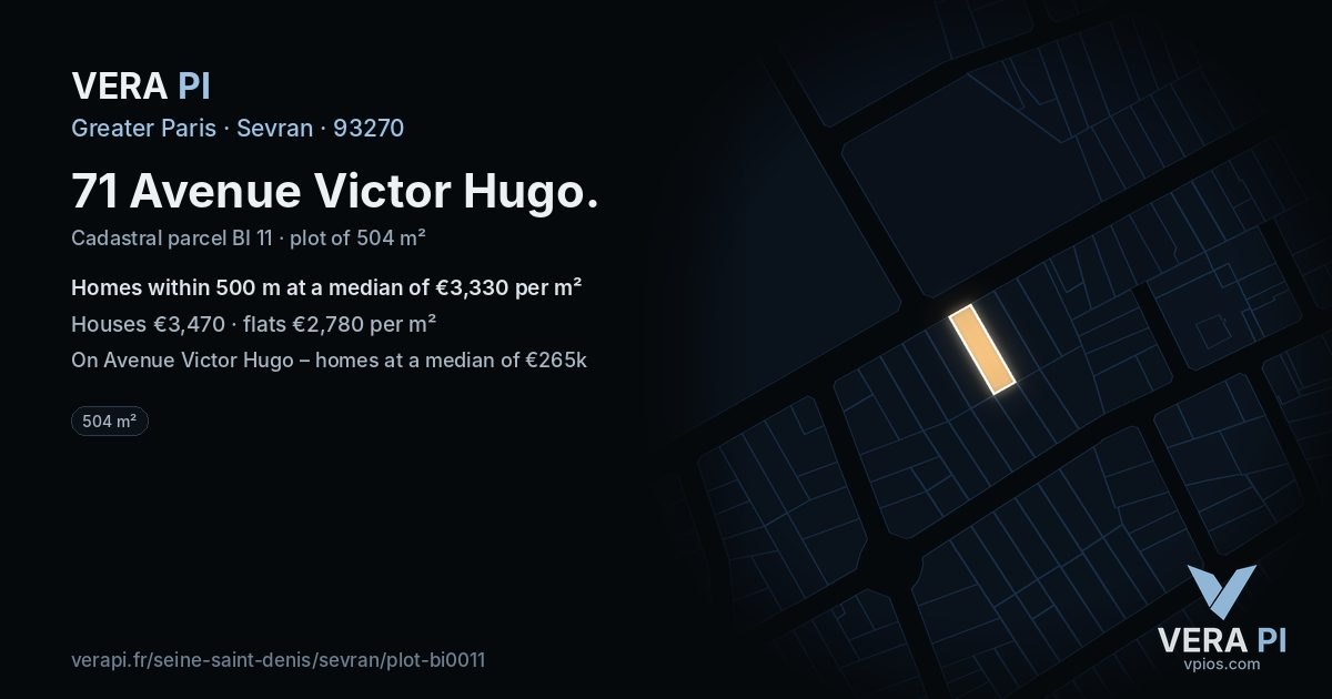 71 Avenue Victor Hugo, Sevran at night – the plot lit, the parcels around coloured by the prices near them