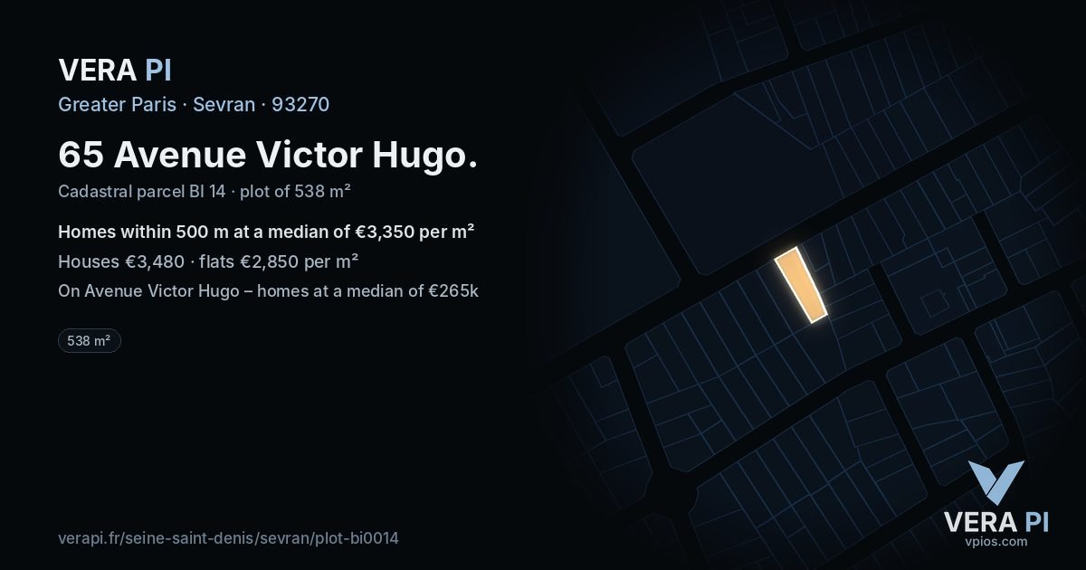 65 Avenue Victor Hugo, Sevran at night – the plot lit, the parcels around coloured by the prices near them