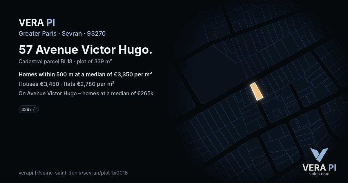 57 Avenue Victor Hugo, Sevran at night – the plot lit, the parcels around coloured by the prices near them