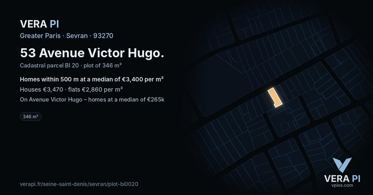 53 Avenue Victor Hugo, Sevran at night – the plot lit, the parcels around coloured by the prices near them