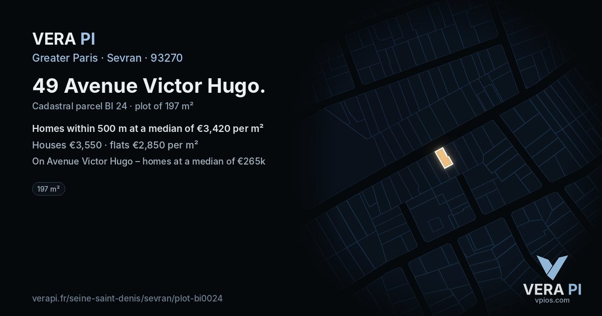 49 Avenue Victor Hugo, Sevran at night – the plot lit, the parcels around coloured by the prices near them
