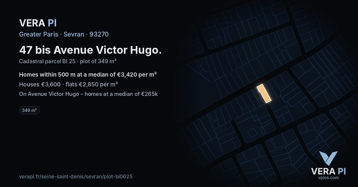 47 bis Avenue Victor Hugo, Sevran at night – the plot lit, the parcels around coloured by the prices near them