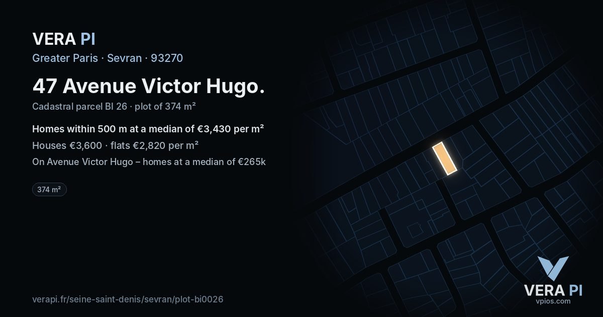 47 Avenue Victor Hugo, Sevran at night – the plot lit, the parcels around coloured by the prices near them