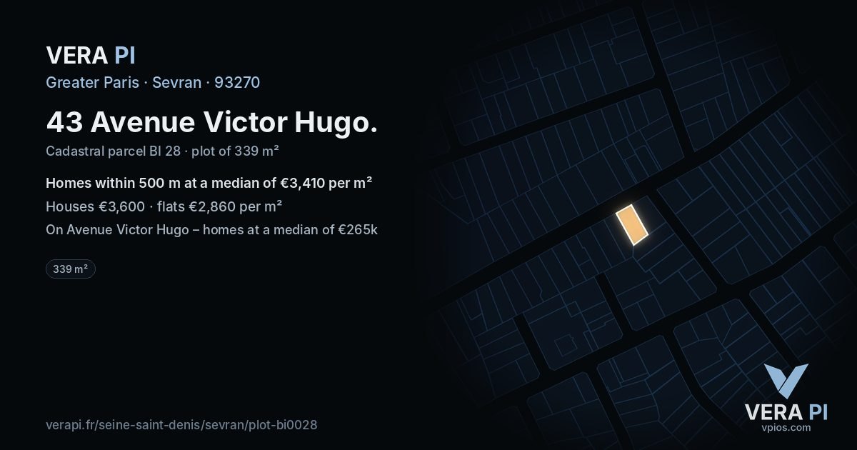 43 Avenue Victor Hugo, Sevran at night – the plot lit, the parcels around coloured by the prices near them