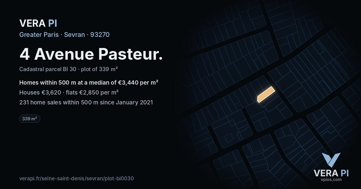 4 Avenue Pasteur, Sevran at night – the plot lit, the parcels around coloured by the prices near them