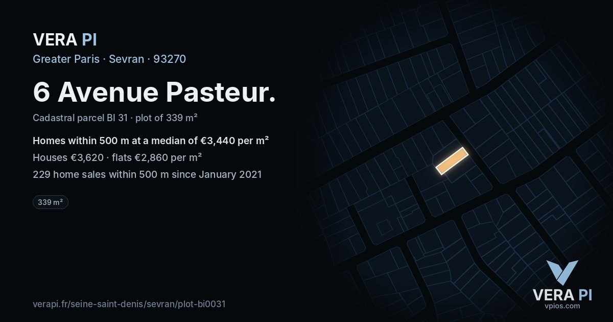 6 Avenue Pasteur, Sevran at night – the plot lit, the parcels around coloured by the prices near them