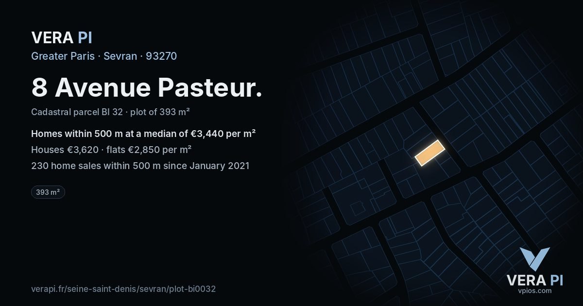 8 Avenue Pasteur, Sevran at night – the plot lit, the parcels around coloured by the prices near them