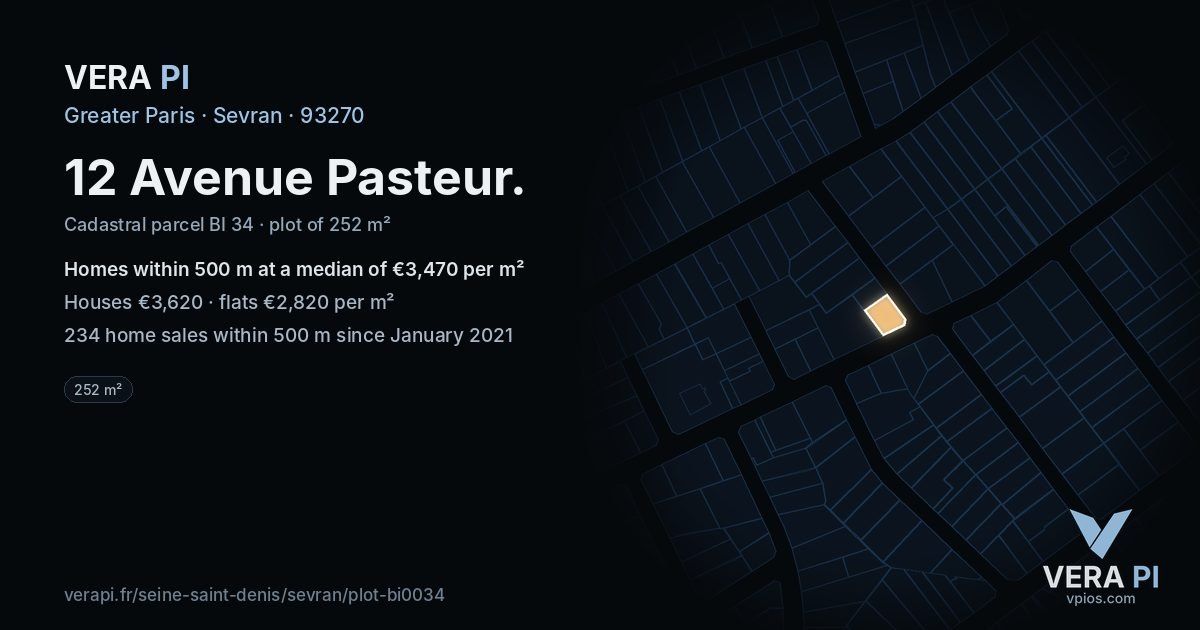 12 Avenue Pasteur, Sevran at night – the plot lit, the parcels around coloured by the prices near them