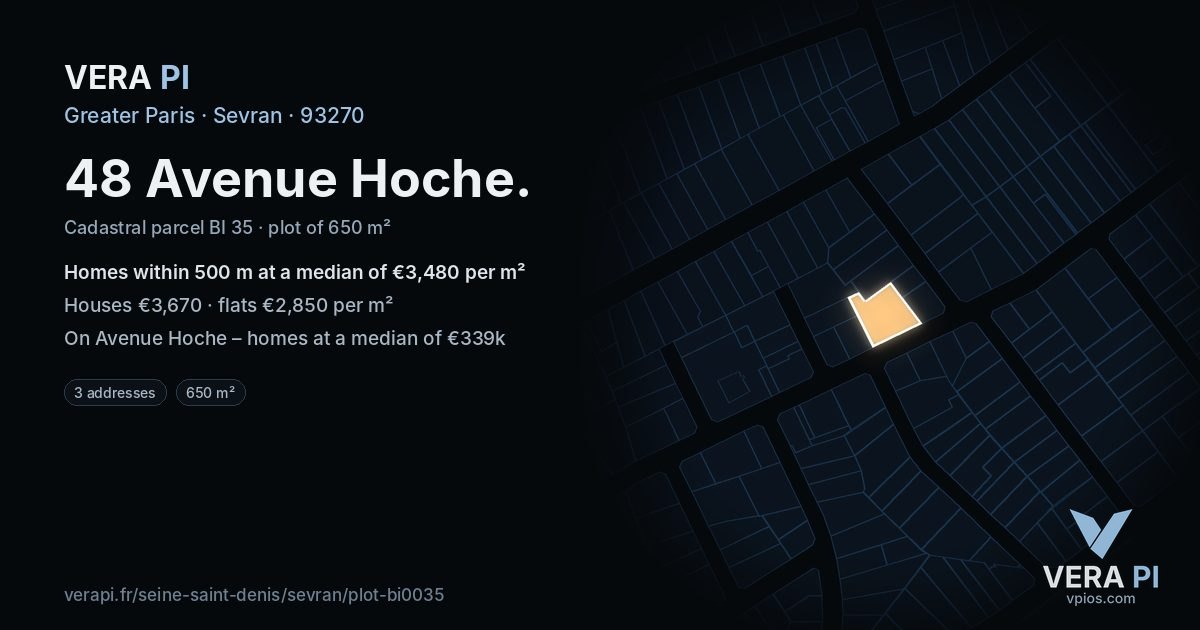 48 Avenue Hoche, Sevran at night – the plot lit, the parcels around coloured by the prices near them