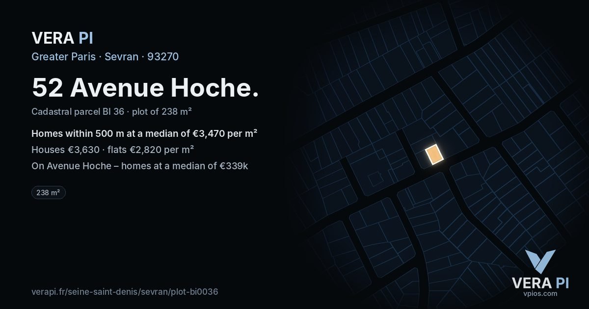 52 Avenue Hoche, Sevran at night – the plot lit, the parcels around coloured by the prices near them