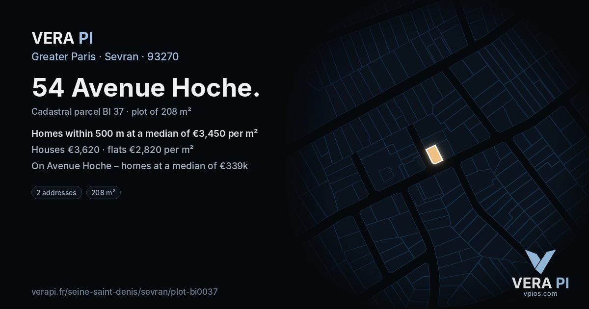 54 Avenue Hoche, Sevran at night – the plot lit, the parcels around coloured by the prices near them