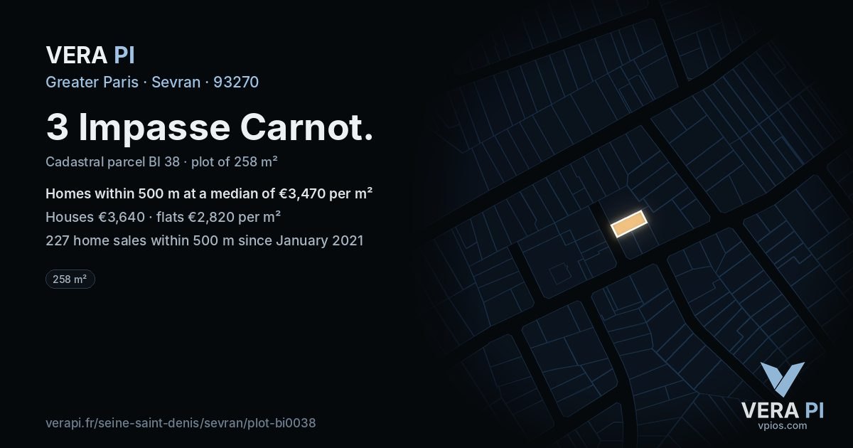 3 Impasse Carnot, Sevran at night – the plot lit, the parcels around coloured by the prices near them