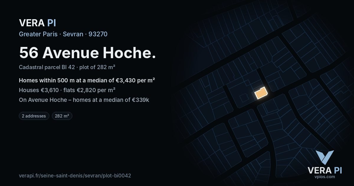 56 Avenue Hoche, Sevran at night – the plot lit, the parcels around coloured by the prices near them