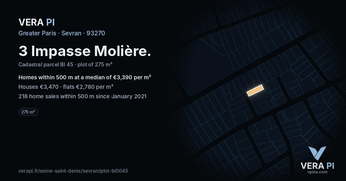3 Impasse Molière, Sevran at night – the plot lit, the parcels around coloured by the prices near them