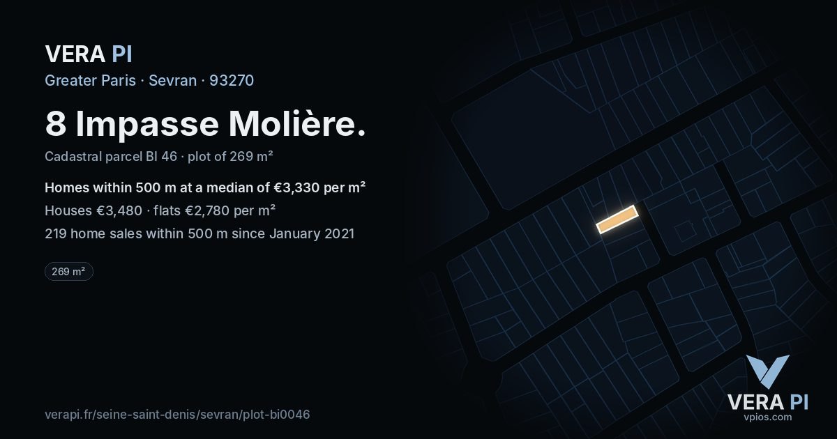 8 Impasse Molière, Sevran at night – the plot lit, the parcels around coloured by the prices near them