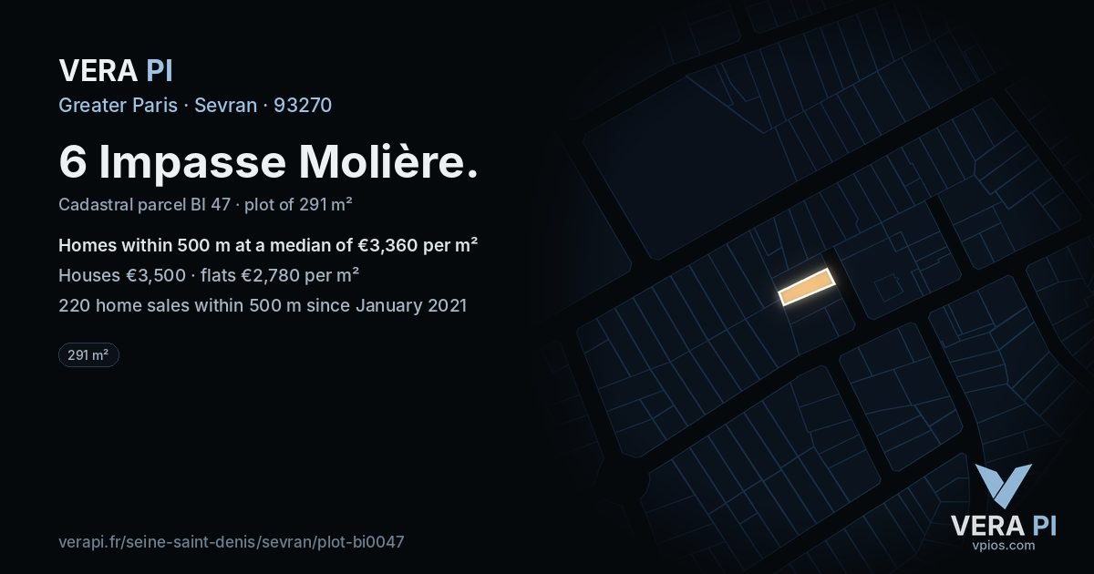 6 Impasse Molière, Sevran at night – the plot lit, the parcels around coloured by the prices near them