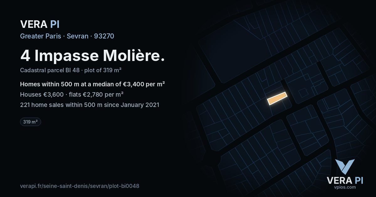 4 Impasse Molière, Sevran at night – the plot lit, the parcels around coloured by the prices near them