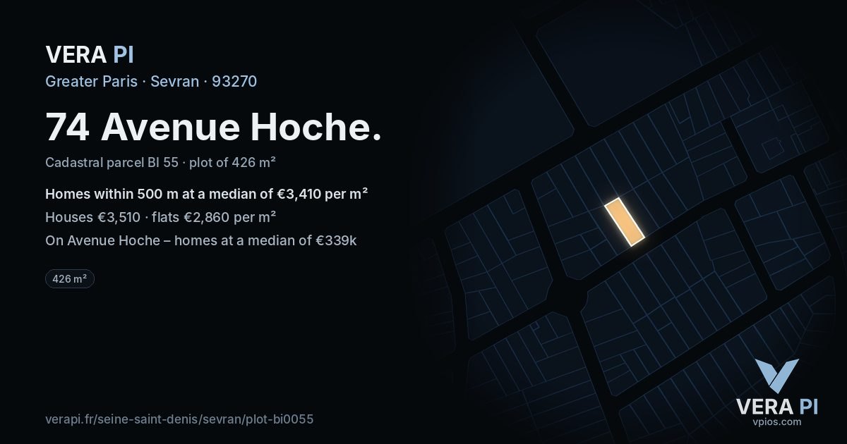 74 Avenue Hoche, Sevran at night – the plot lit, the parcels around coloured by the prices near them
