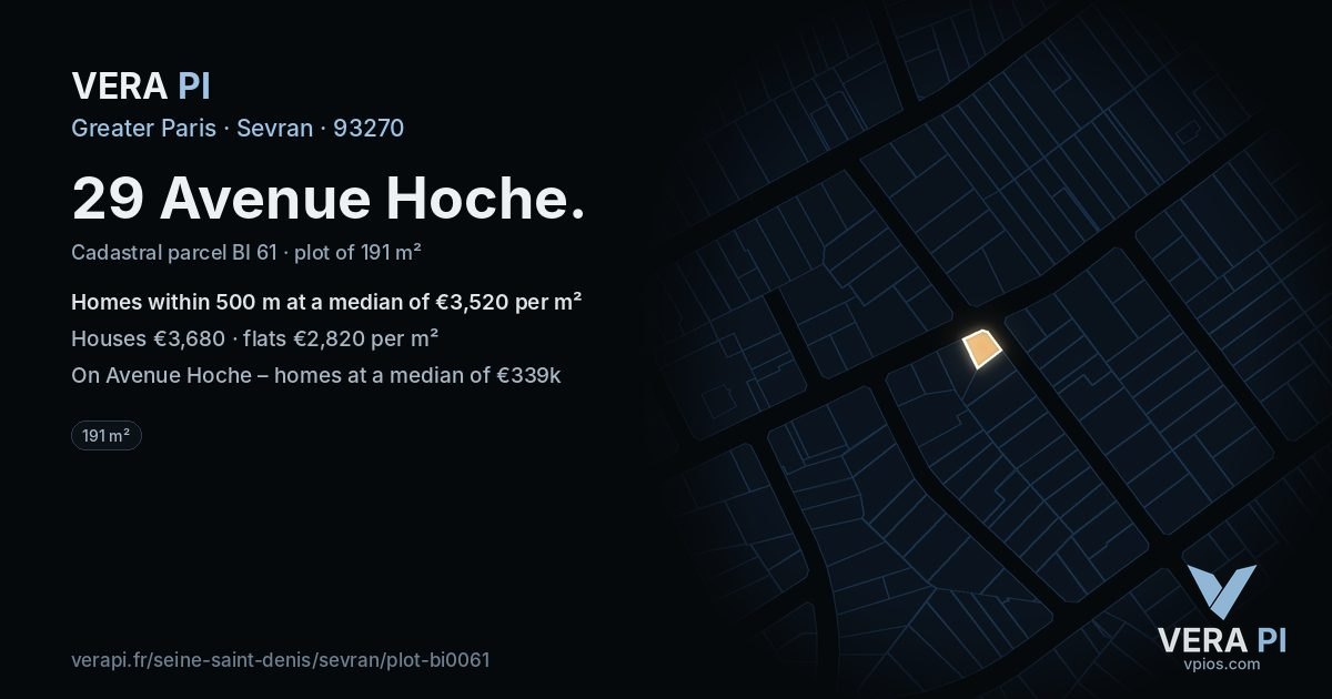 29 Avenue Hoche, Sevran at night – the plot lit, the parcels around coloured by the prices near them