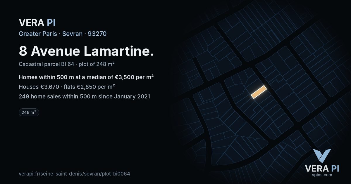 8 Avenue Lamartine, Sevran at night – the plot lit, the parcels around coloured by the prices near them