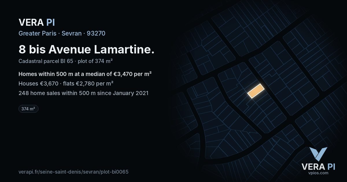 8 bis Avenue Lamartine, Sevran at night – the plot lit, the parcels around coloured by the prices near them