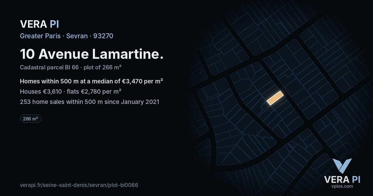 10 Avenue Lamartine, Sevran at night – the plot lit, the parcels around coloured by the prices near them
