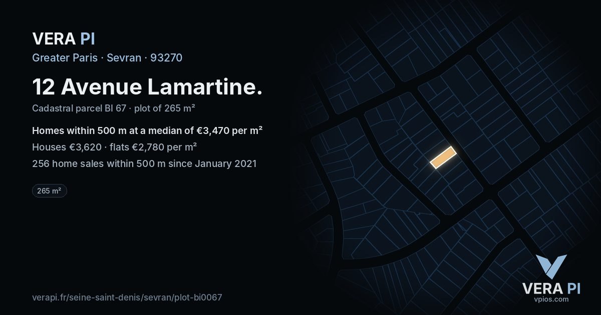 12 Avenue Lamartine, Sevran at night – the plot lit, the parcels around coloured by the prices near them