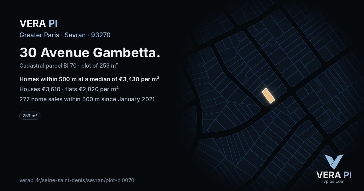 30 Avenue Gambetta, Sevran at night – the plot lit, the parcels around coloured by the prices near them