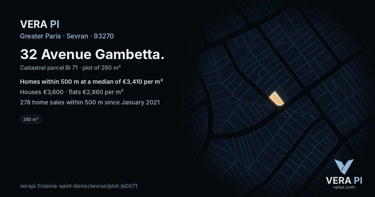 32 Avenue Gambetta, Sevran at night – the plot lit, the parcels around coloured by the prices near them