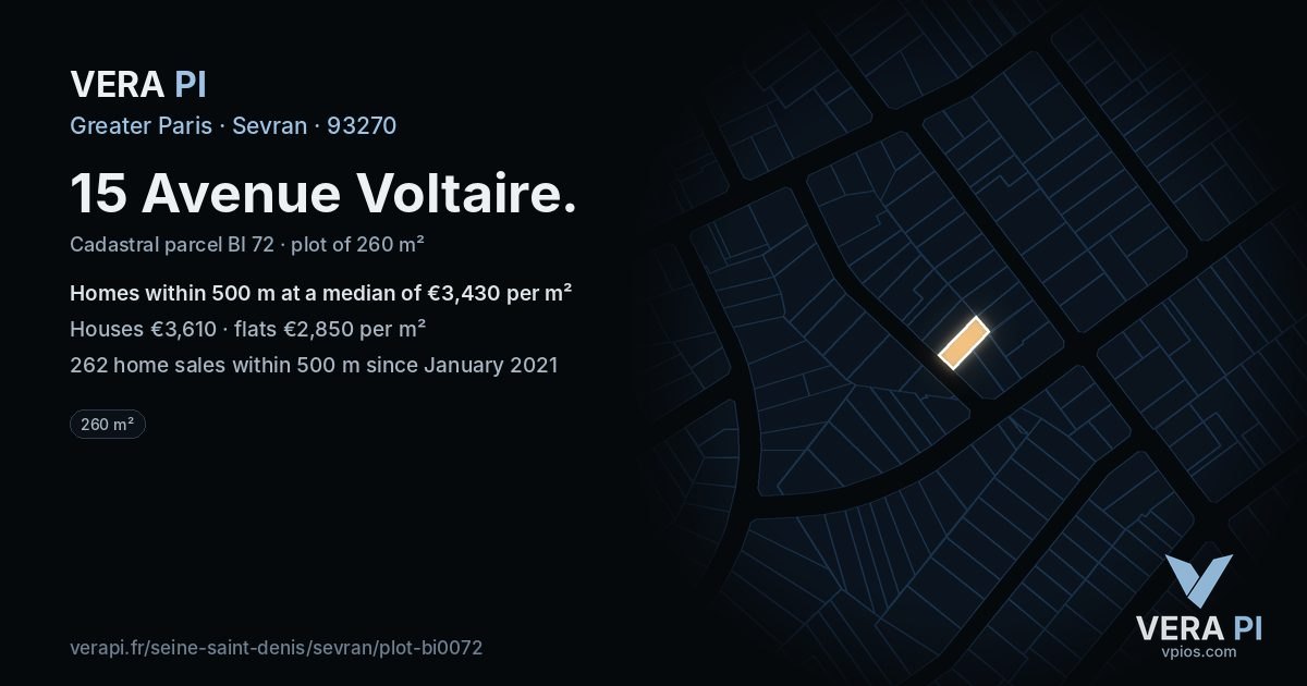 15 Avenue Voltaire, Sevran at night – the plot lit, the parcels around coloured by the prices near them