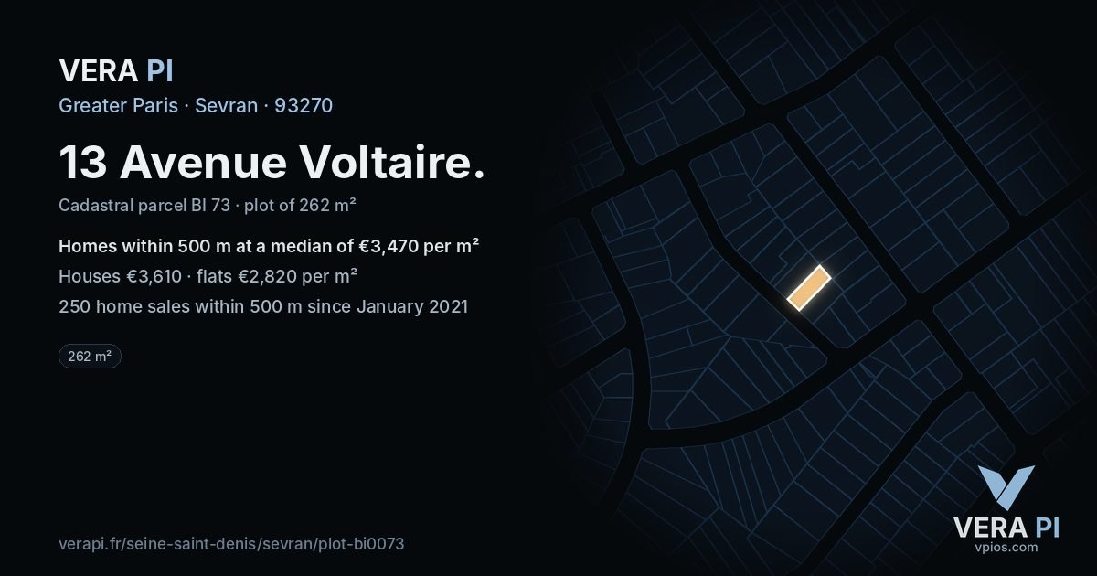 13 Avenue Voltaire, Sevran at night – the plot lit, the parcels around coloured by the prices near them