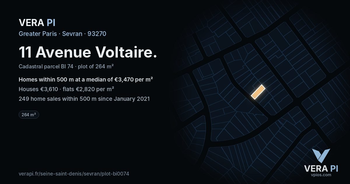11 Avenue Voltaire, Sevran at night – the plot lit, the parcels around coloured by the prices near them