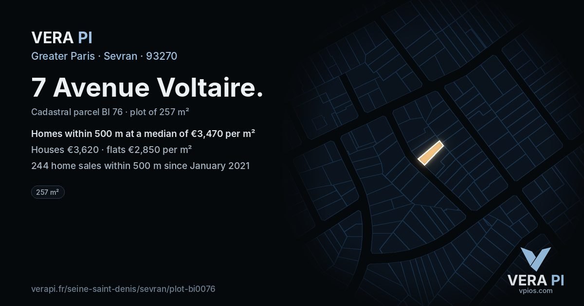 7 Avenue Voltaire, Sevran at night – the plot lit, the parcels around coloured by the prices near them
