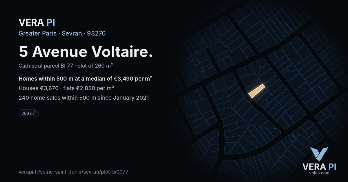 5 Avenue Voltaire, Sevran at night – the plot lit, the parcels around coloured by the prices near them