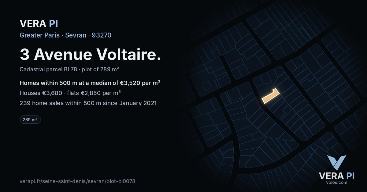 3 Avenue Voltaire, Sevran at night – the plot lit, the parcels around coloured by the prices near them