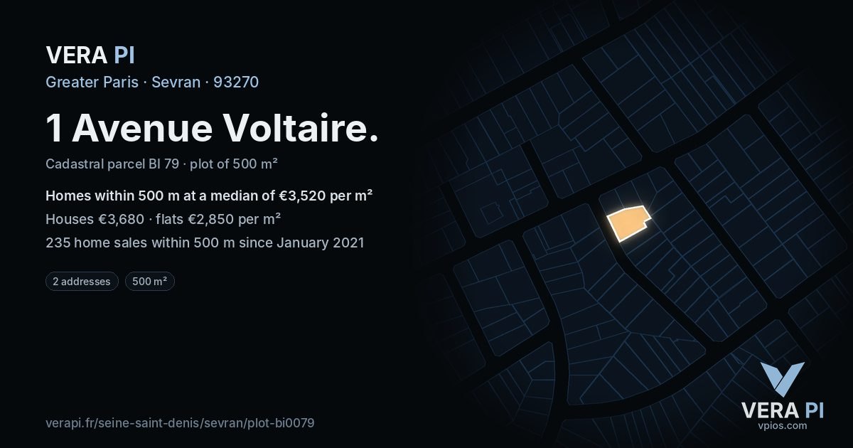 1 Avenue Voltaire, Sevran at night – the plot lit, the parcels around coloured by the prices near them