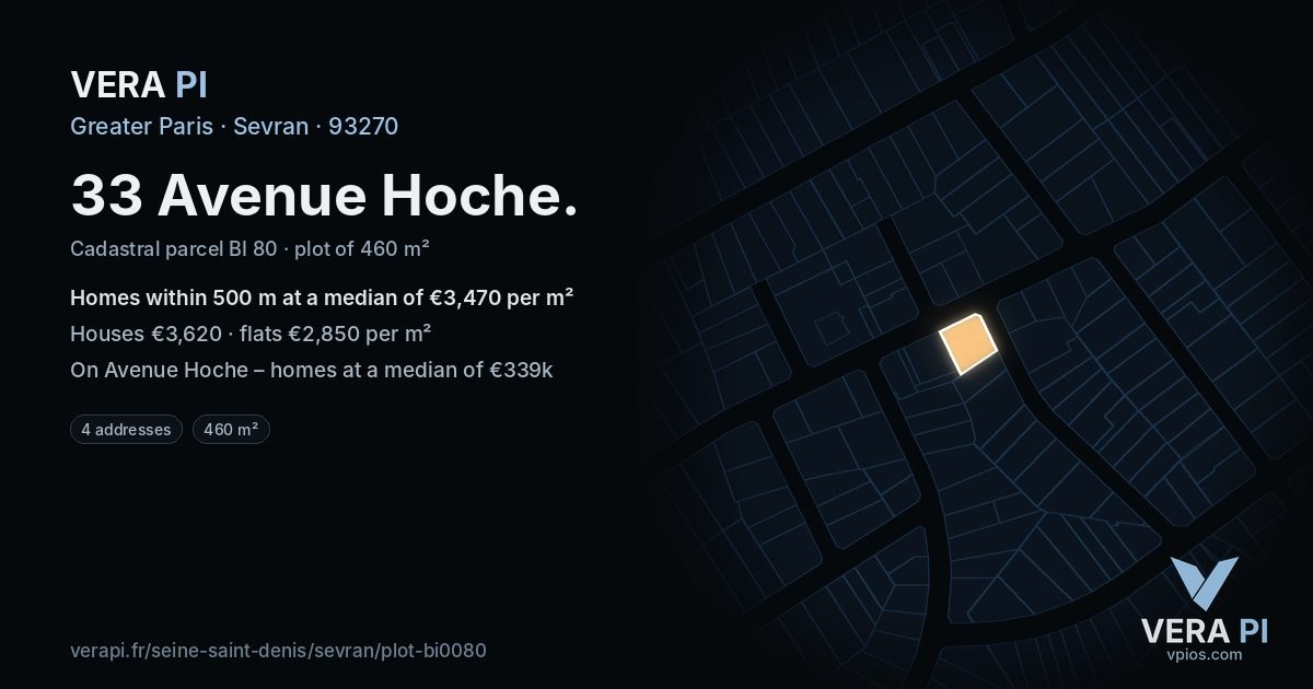 33 Avenue Hoche, Sevran at night – the plot lit, the parcels around coloured by the prices near them