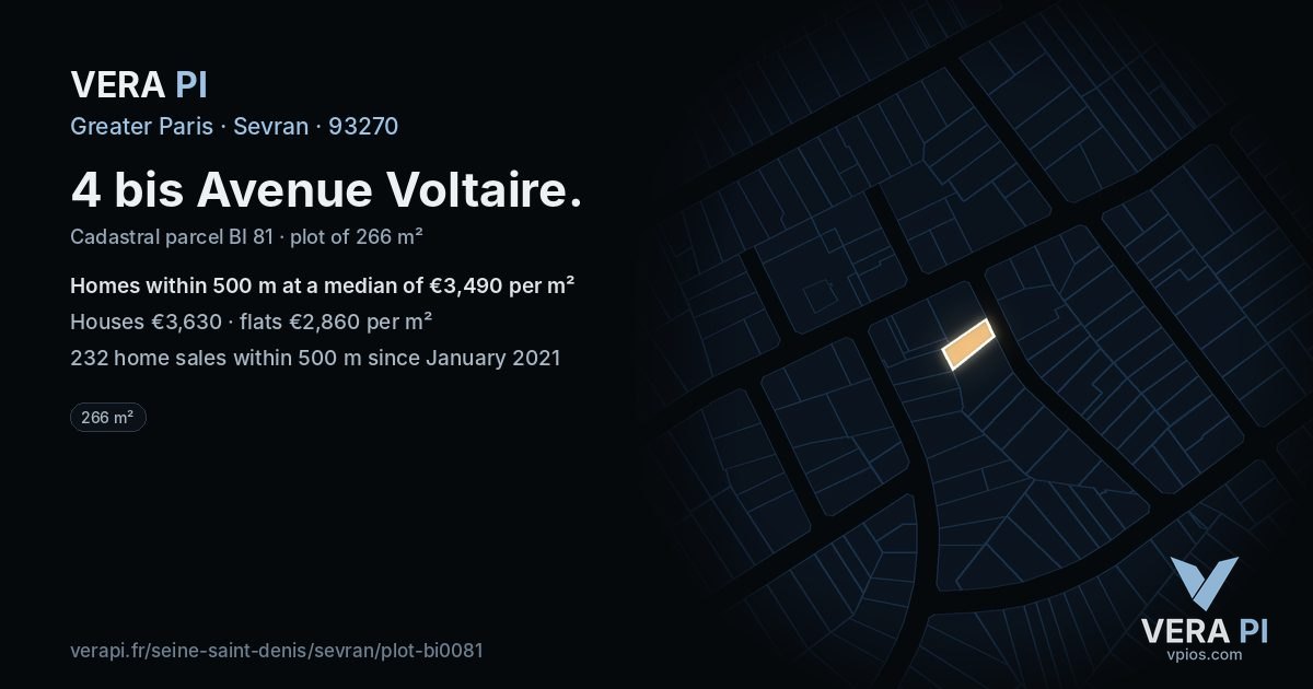 4 bis Avenue Voltaire, Sevran at night – the plot lit, the parcels around coloured by the prices near them
