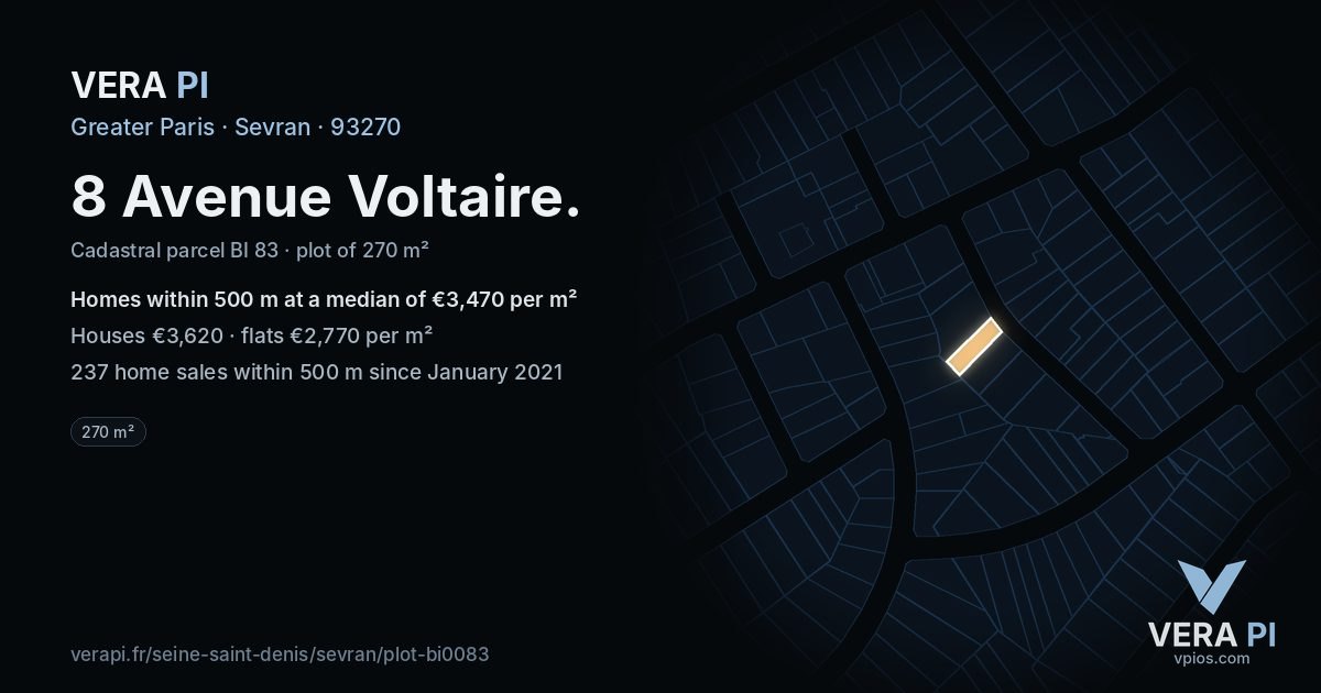 8 Avenue Voltaire, Sevran at night – the plot lit, the parcels around coloured by the prices near them