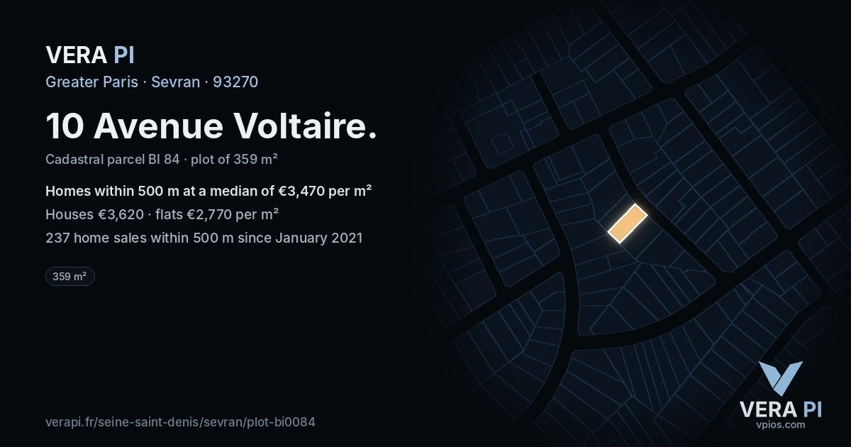 10 Avenue Voltaire, Sevran at night – the plot lit, the parcels around coloured by the prices near them