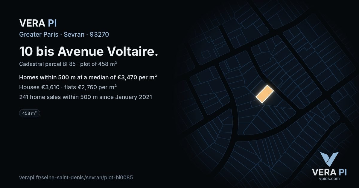 10 bis Avenue Voltaire, Sevran at night – the plot lit, the parcels around coloured by the prices near them