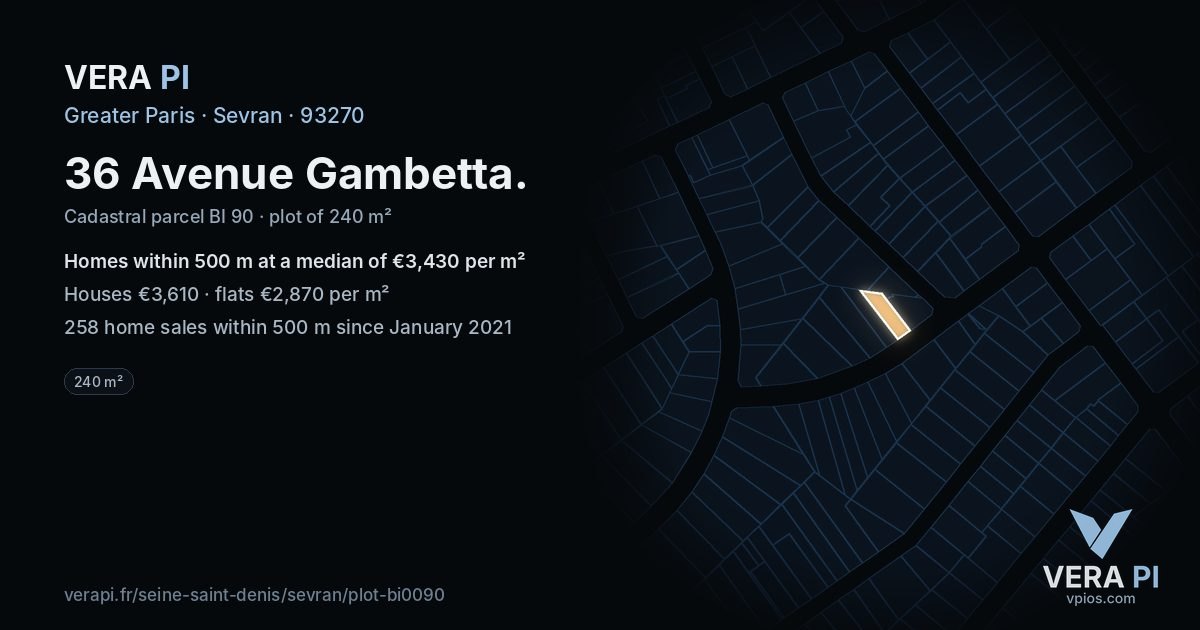 36 Avenue Gambetta, Sevran at night – the plot lit, the parcels around coloured by the prices near them