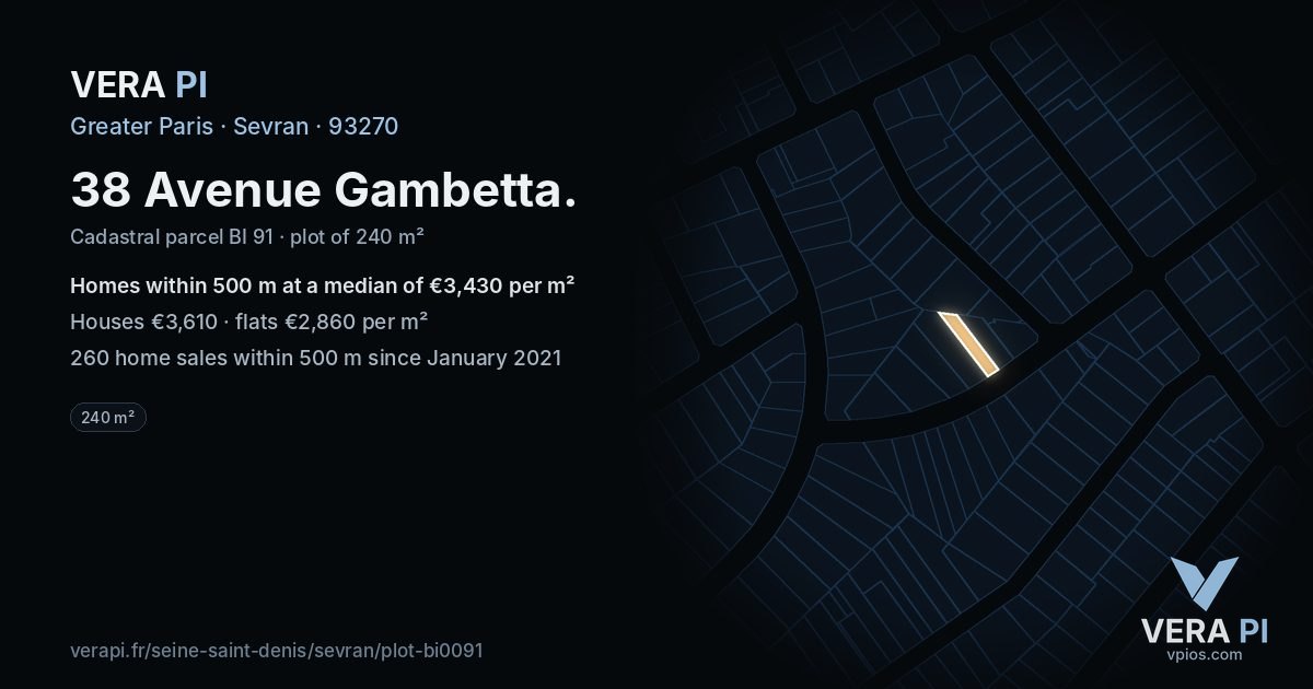 38 Avenue Gambetta, Sevran at night – the plot lit, the parcels around coloured by the prices near them