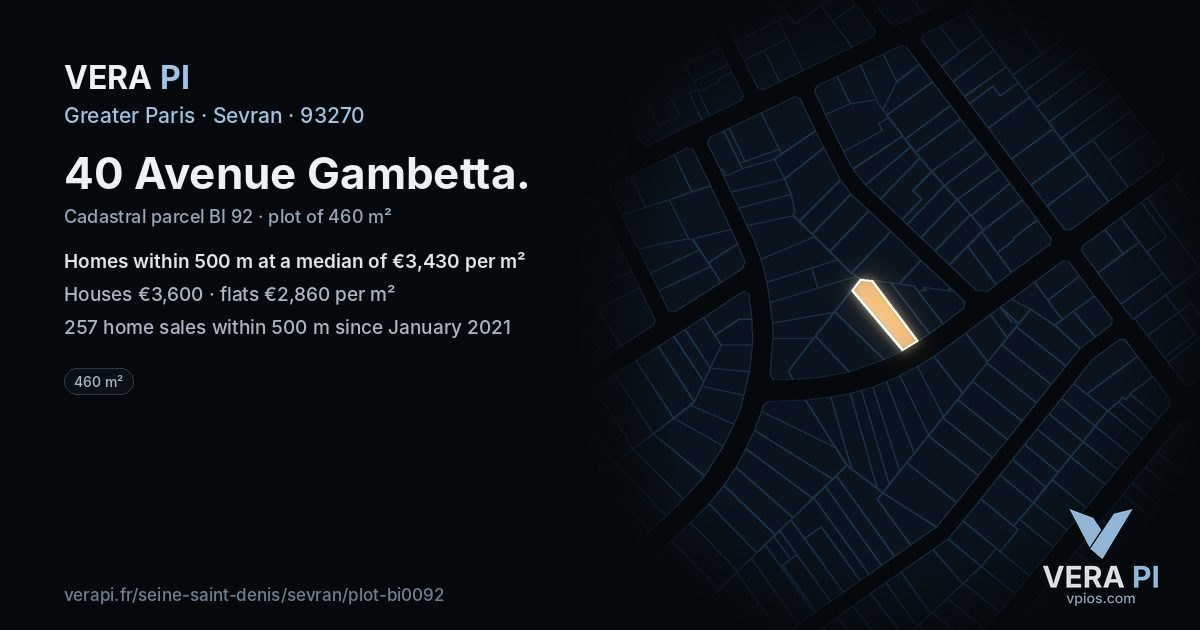 40 Avenue Gambetta, Sevran at night – the plot lit, the parcels around coloured by the prices near them