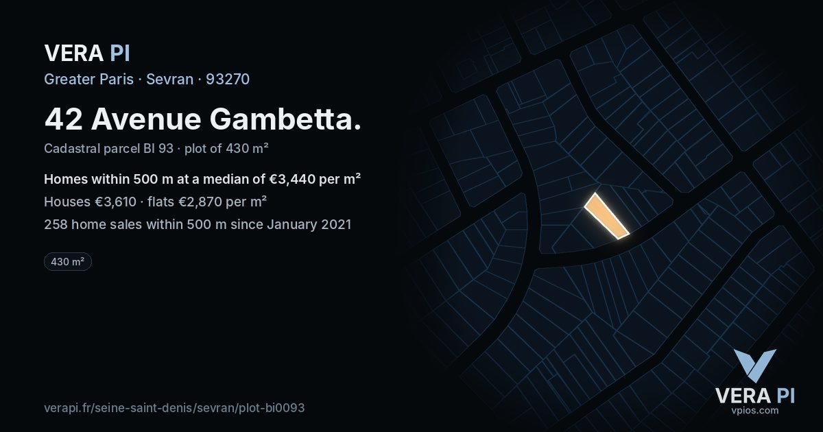42 Avenue Gambetta, Sevran at night – the plot lit, the parcels around coloured by the prices near them