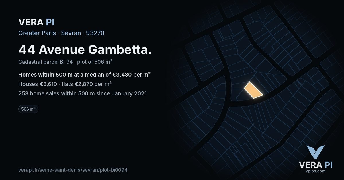 44 Avenue Gambetta, Sevran at night – the plot lit, the parcels around coloured by the prices near them