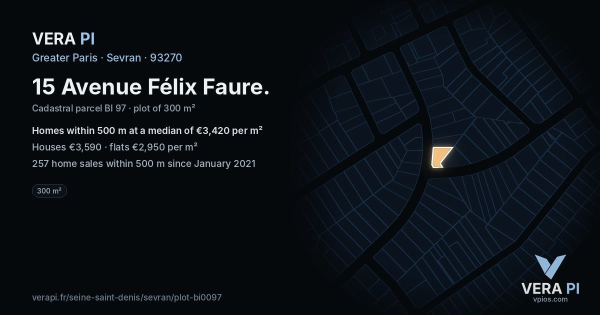 15 Avenue Félix Faure, Sevran at night – the plot lit, the parcels around coloured by the prices near them
