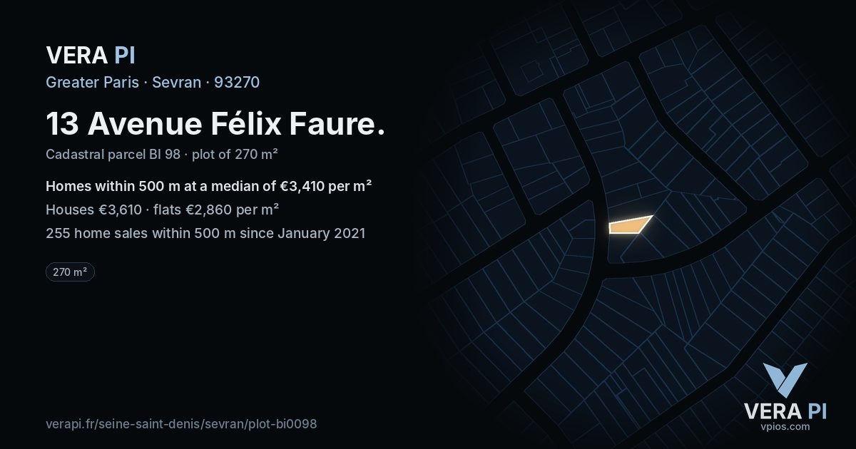 13 Avenue Félix Faure, Sevran at night – the plot lit, the parcels around coloured by the prices near them