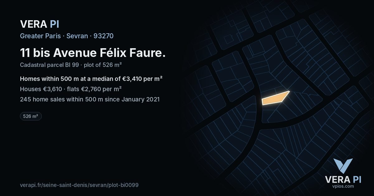 11 bis Avenue Félix Faure, Sevran at night – the plot lit, the parcels around coloured by the prices near them